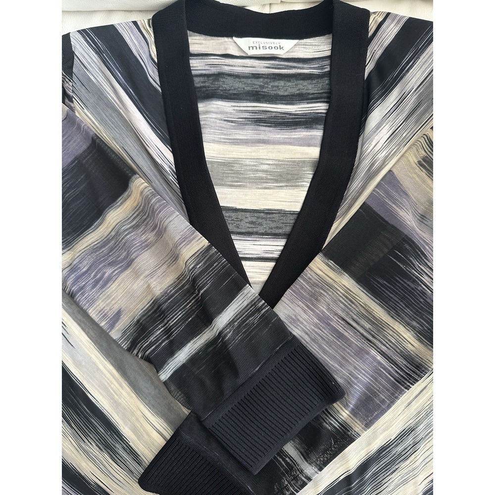 Exclusive Misook Cardigan Single Button Black Stripe L Sheer Sleeves Ribbed Hem